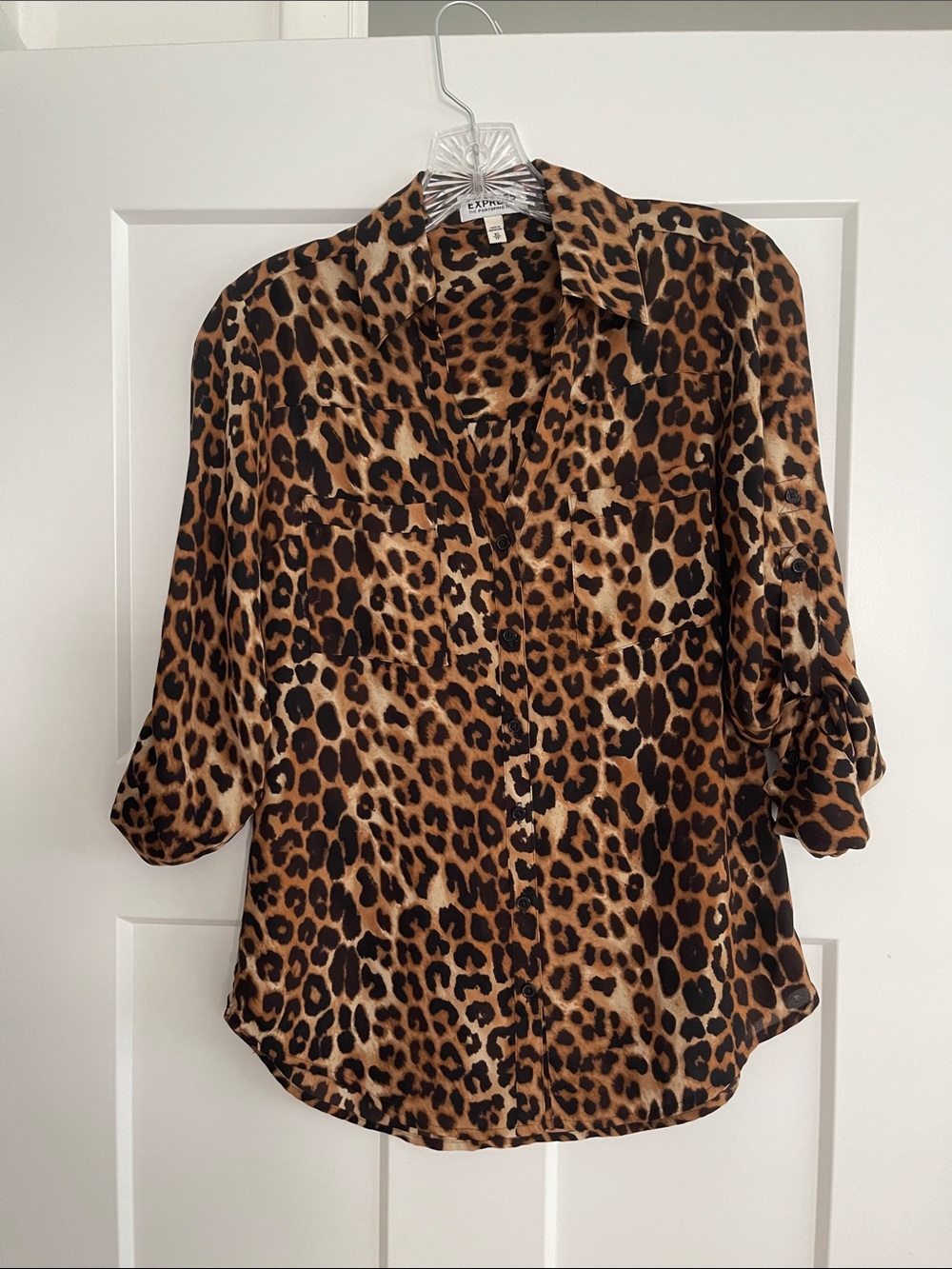 Express Leopard-Print Button Down Blouse in Brown and Black